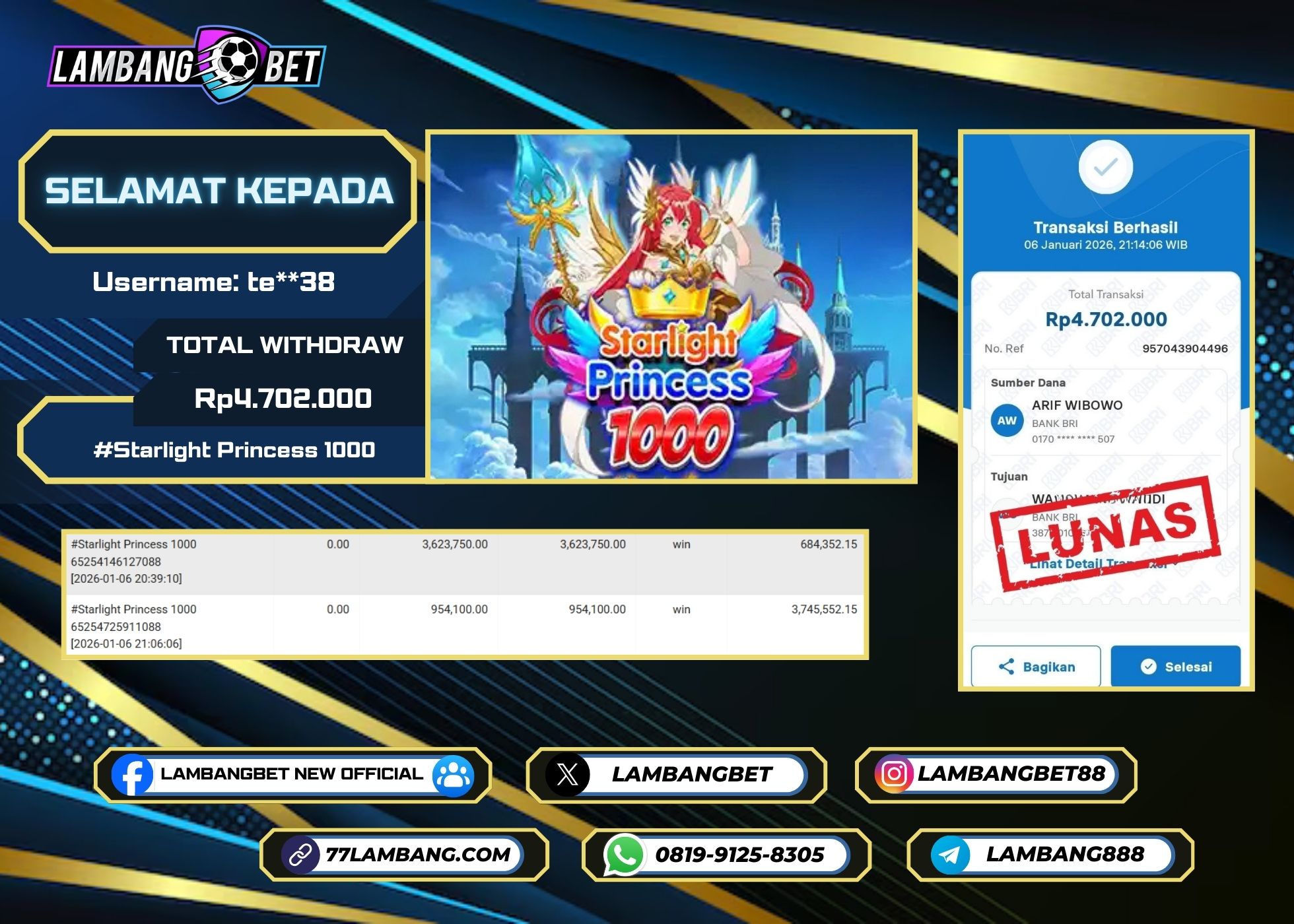 LAMBANGBET [6 JANUARI 2025] JACKPOT SLOT Starlight Princess 1000 "Rp4.702.000" LUNAS
